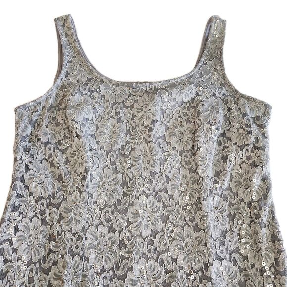 R & M Richards Silver Sequin Lace Stretch Midi Cocktail Wedding Guest Dress SZ14 - Picture 16 of 16